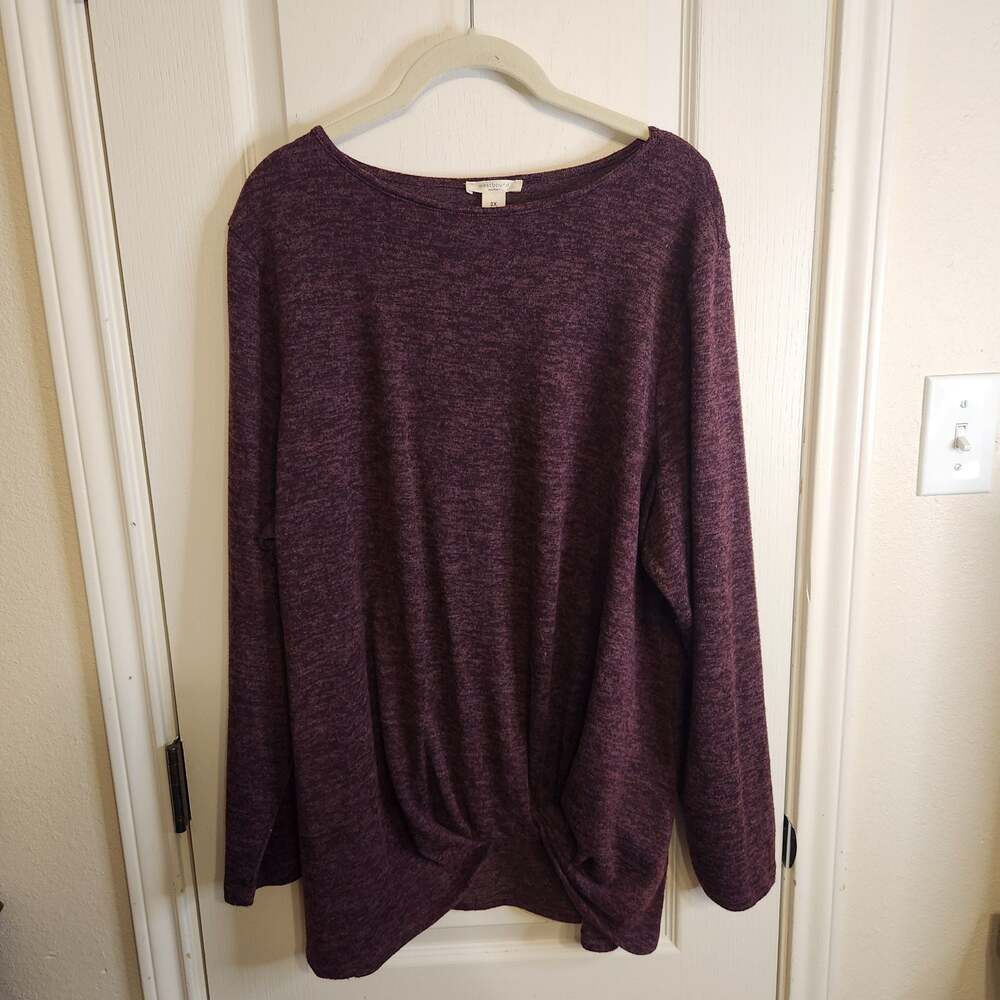 Westbound Woman Maroon Marled Twist-Front Long Sleeve Knit Top, Size 2X